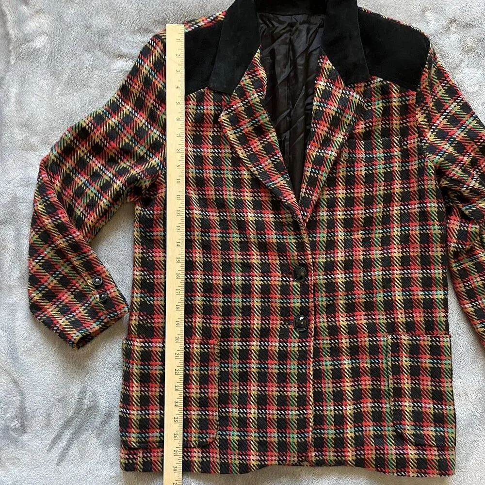 VTG Westerfield Plaid Wool Blend Blazer Suede Like Collar 80s Med USA Academia